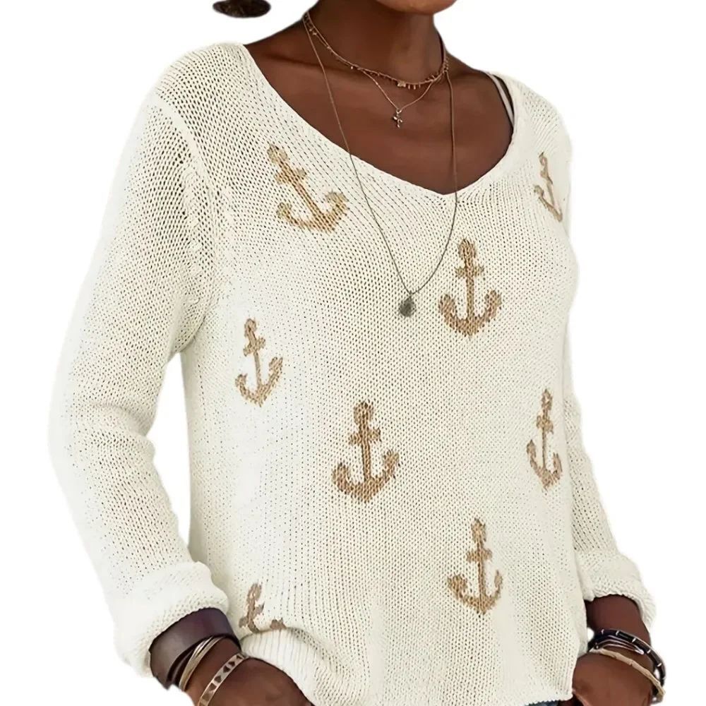 Zoolilly Cream V-Neck Sweater with Tan Anchor Design